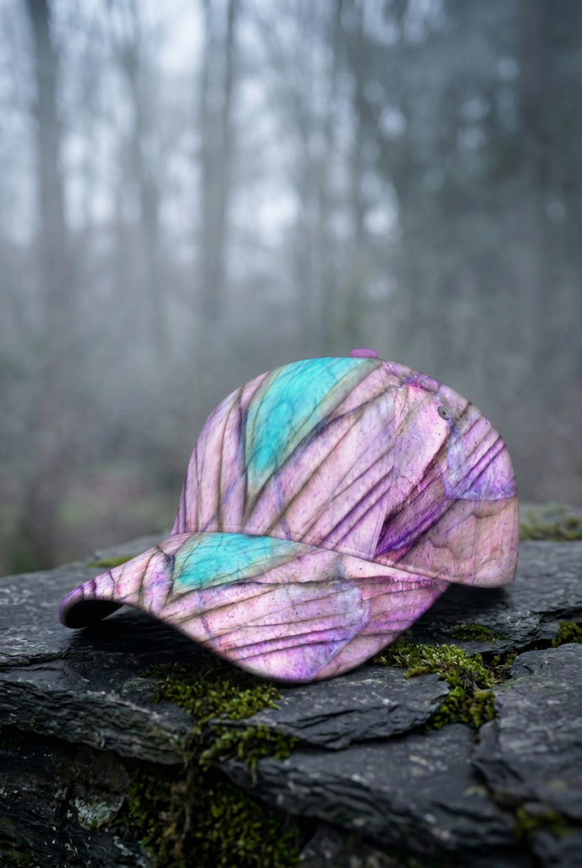 Latest cap on mossy slate in a vertical misty woodland setting